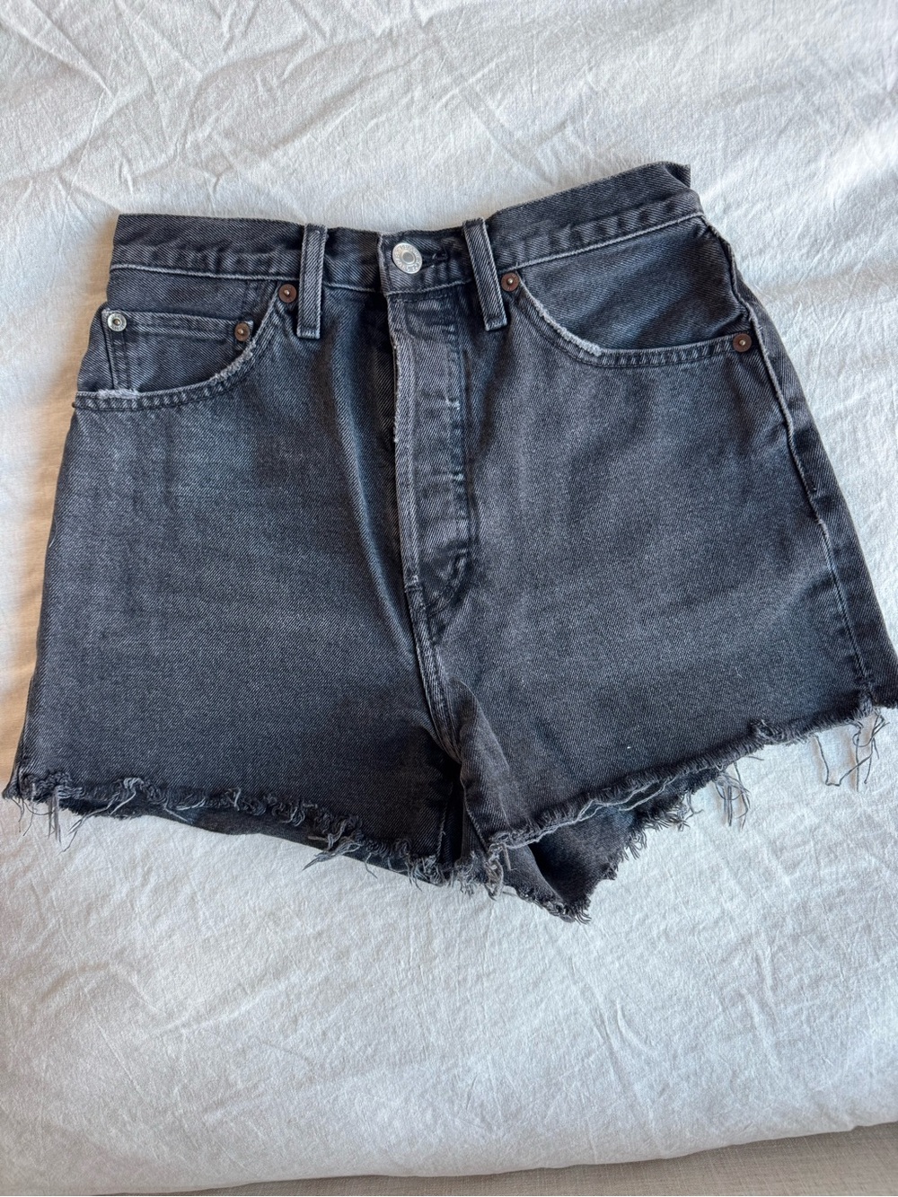 Re/done Black High-Rise Frayed Hem Denim Shorts